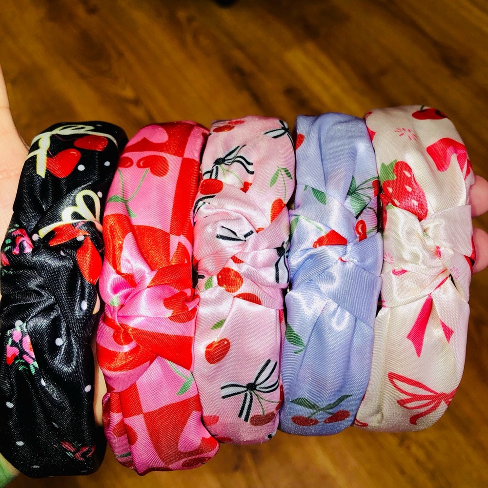Cherry /Heart print Satin Knotted Headband set of 5